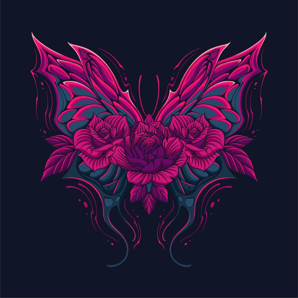 mariposa voladora hermosa y colorida con flores y hojas para el diseño de camisetas vector