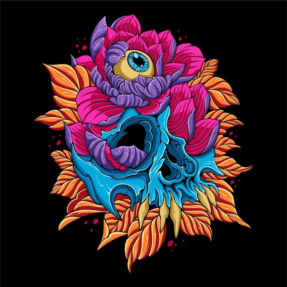 Colorful Skull with flowers and leaves growing around it and with an eyeball in the flower for t shirt design vector