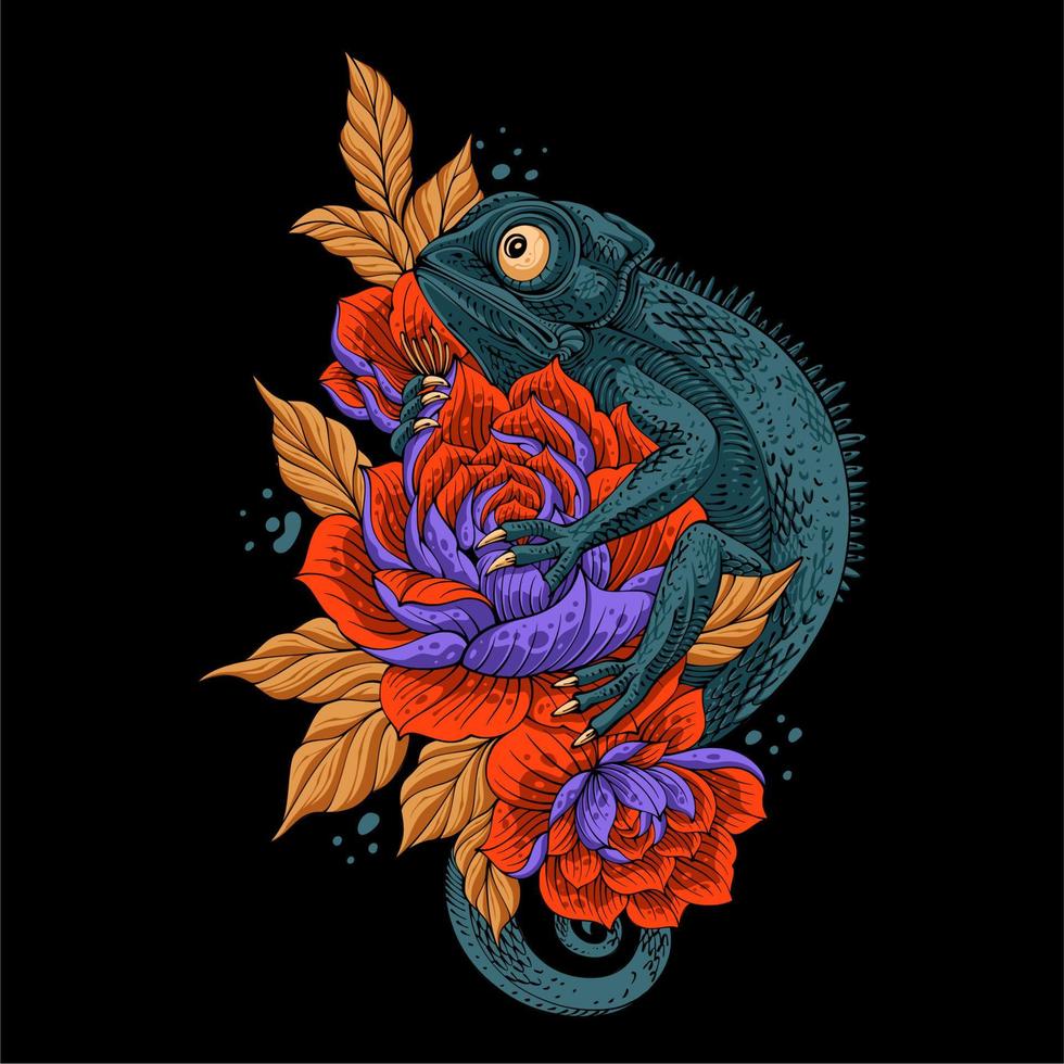 A chameleon climbs a blooming... vector