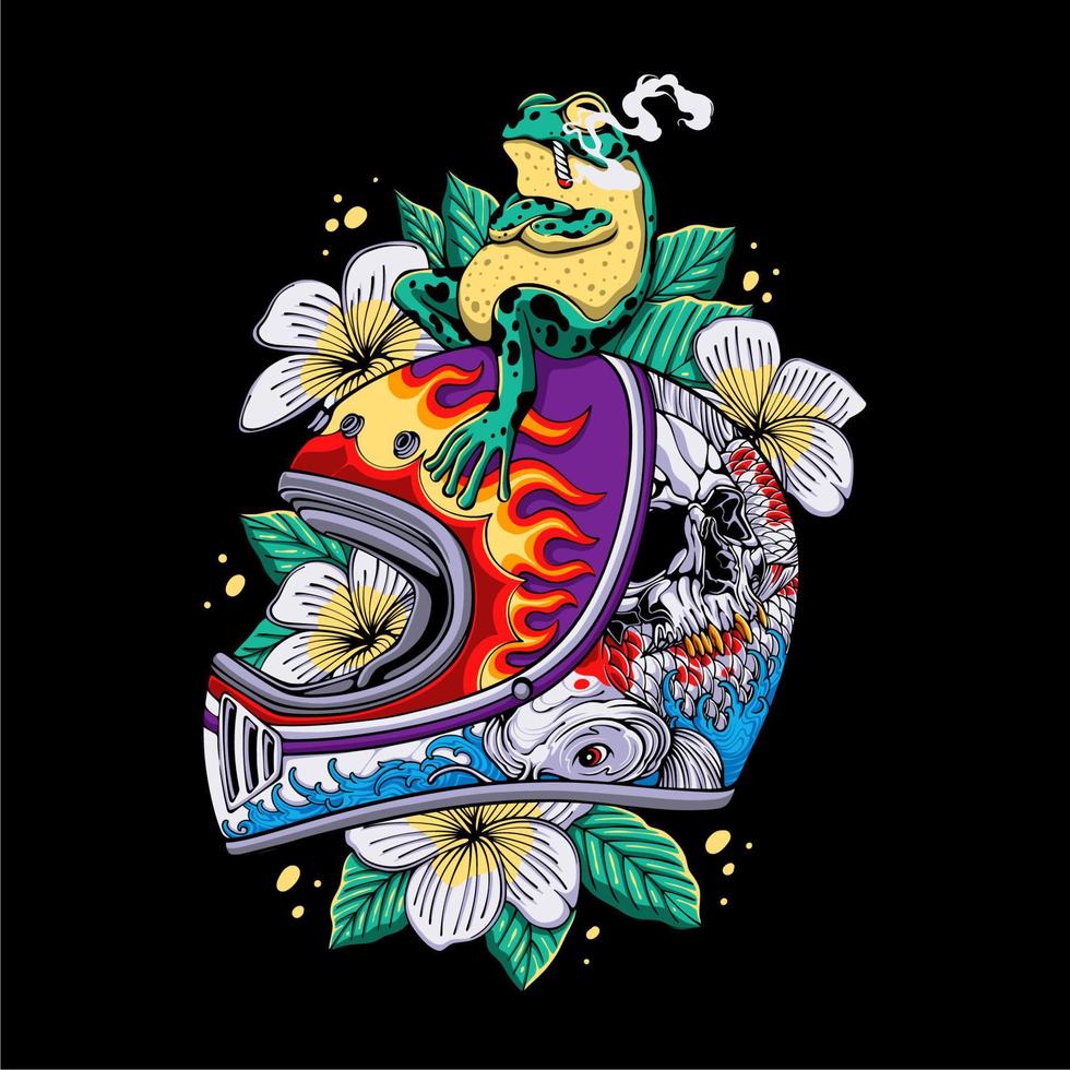 casco retro colorido con calavera, peces koi e imagen de agua con rana humeante sentada en ella sobre fondo de hojas y flores para el diseño de camisetas vector