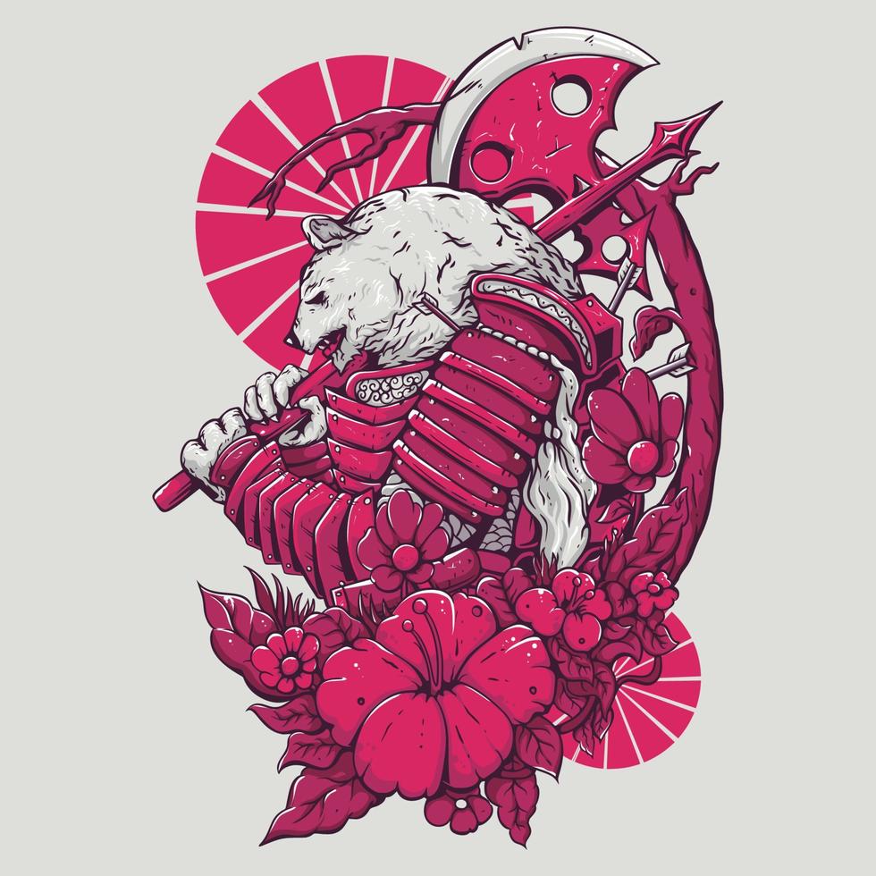 Colorful Bear In Samurai Armor Carrying A Big Ax vector