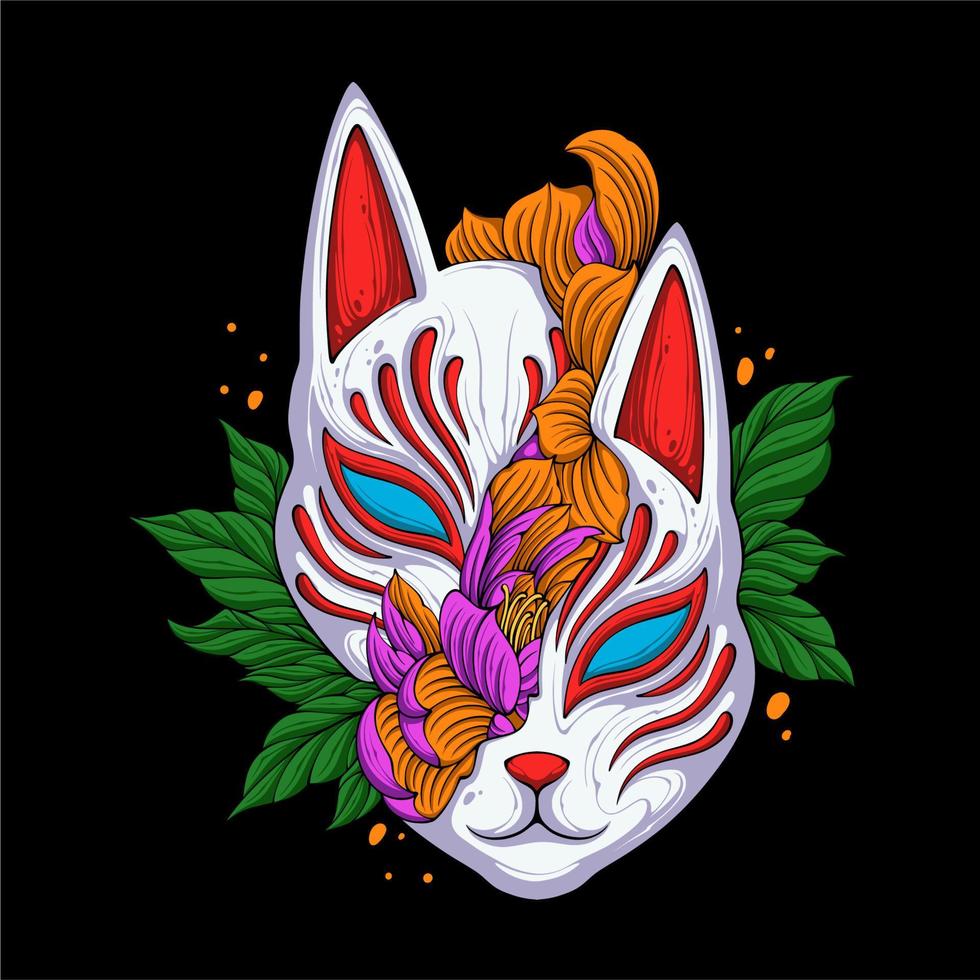 Colorful Japanese fox mask cracked and covered with flowers and leaves for t shirt design vector