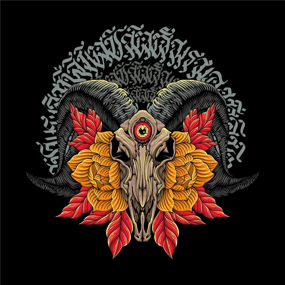 Colorful Goat skull with flowers and leaves around with satanic logo for t shirt design vector