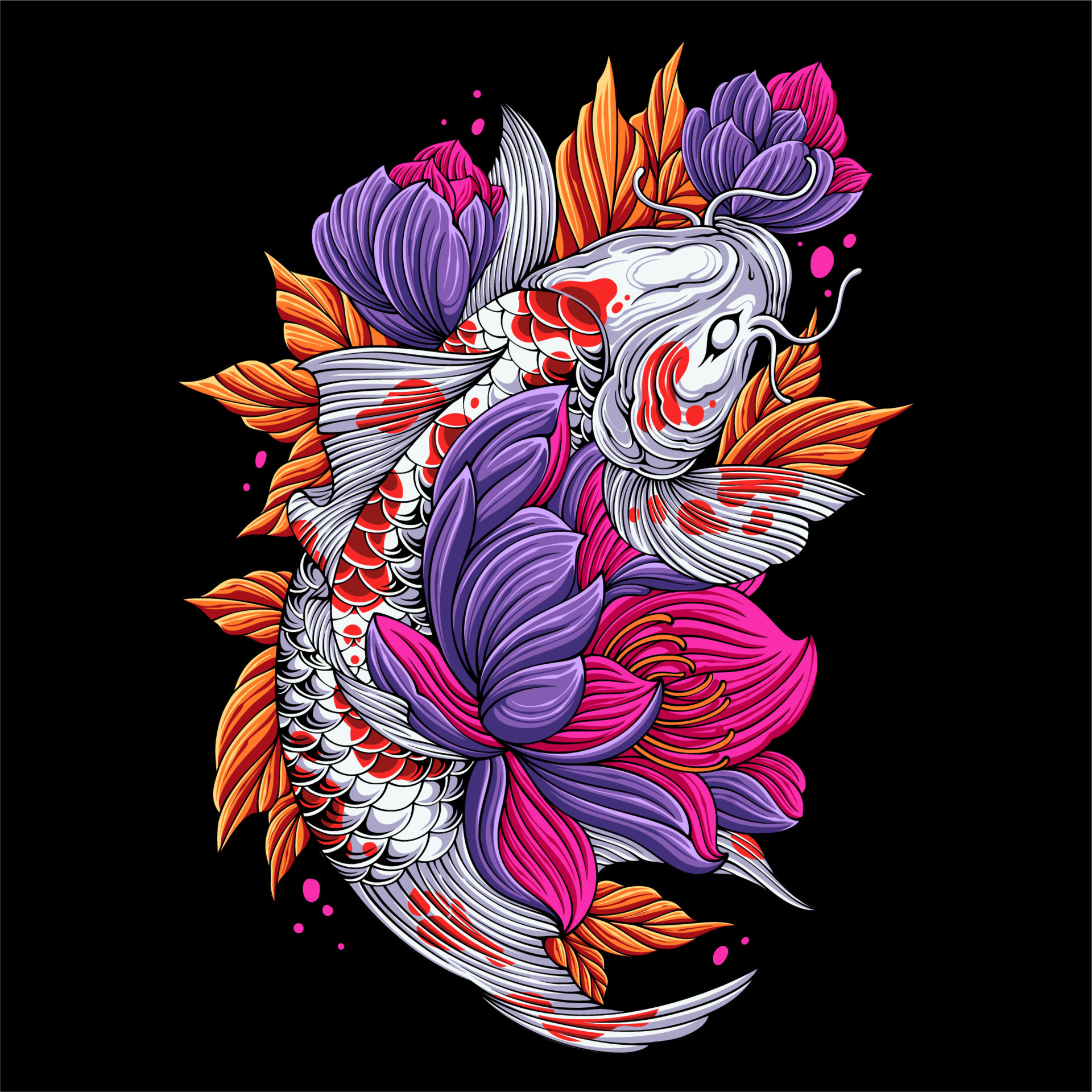 colorful Koi fish jumping up with flowers and leaves all around for t