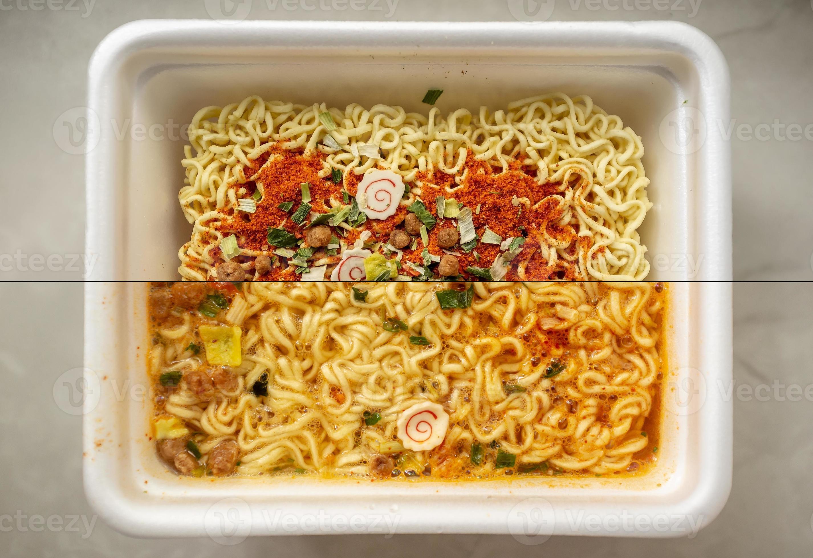 Instant noodles with spices, with broth and dry, in a disposable bowl