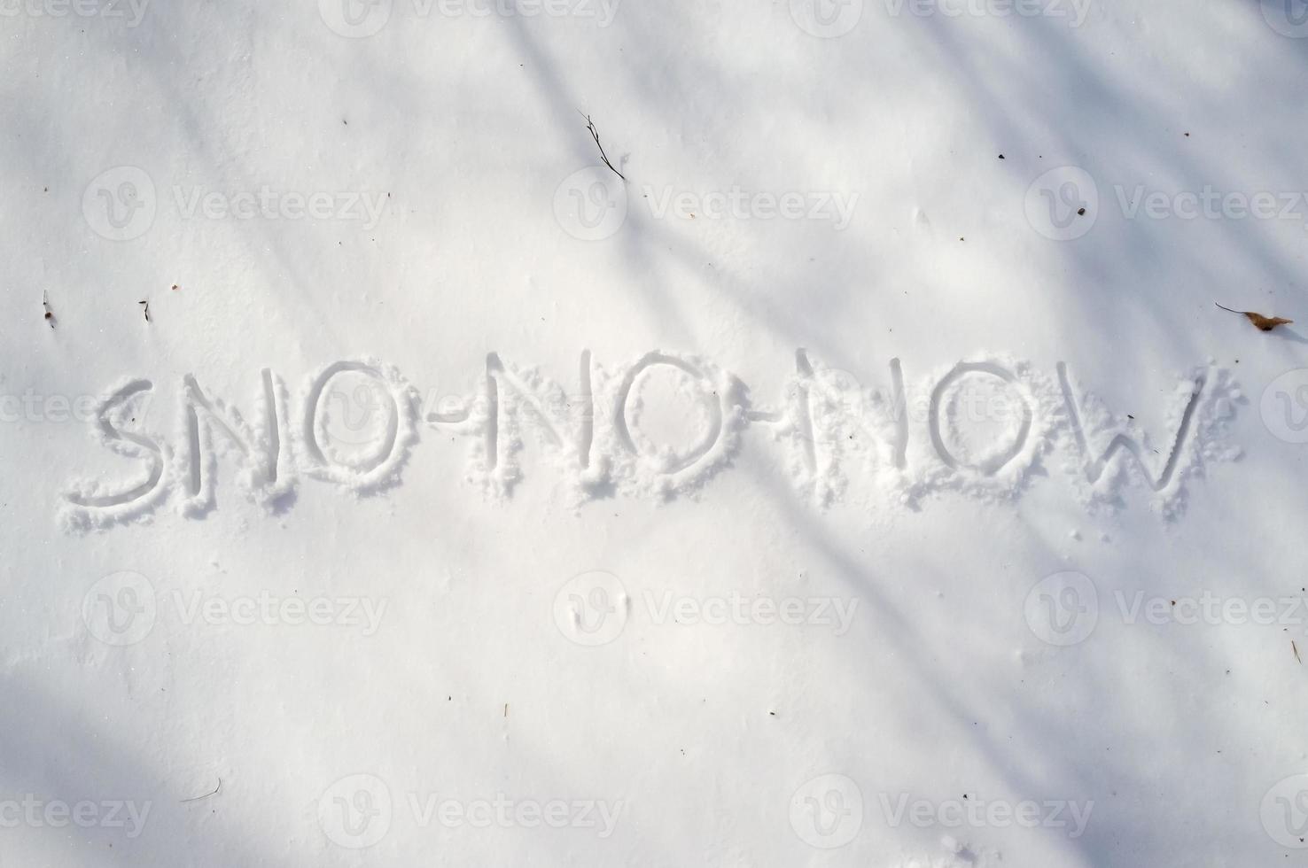 Word of snow and three large letters NO written on a snowbank. Spring waiting concept. Copy space. Creative idea. photo