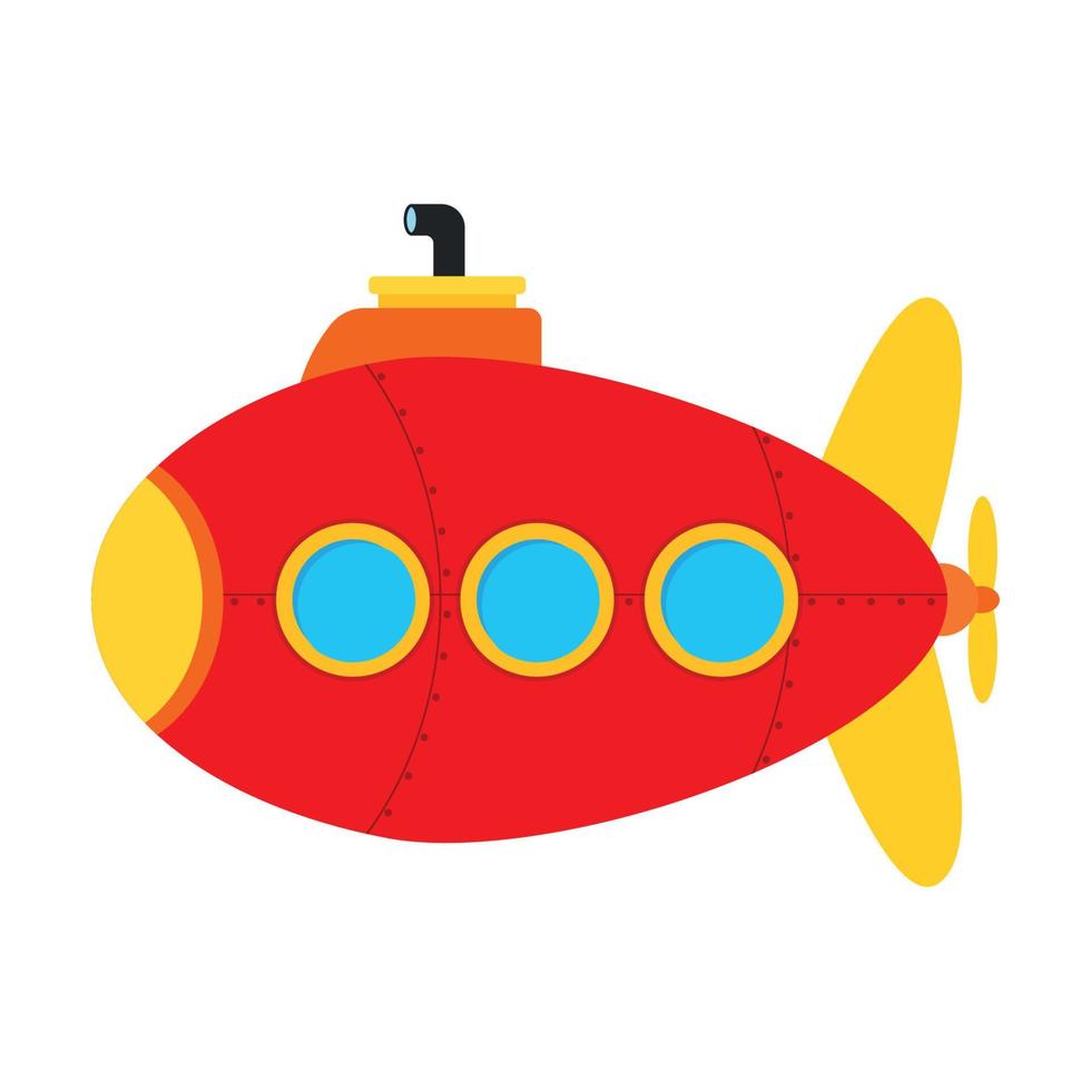 Red Submarine Sea Transportation Vector in Animated Cartoon Illustration