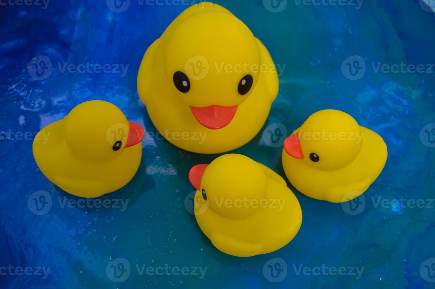 Beautiful yellow rubber bathtub toy ducks swim on a blue water background photo