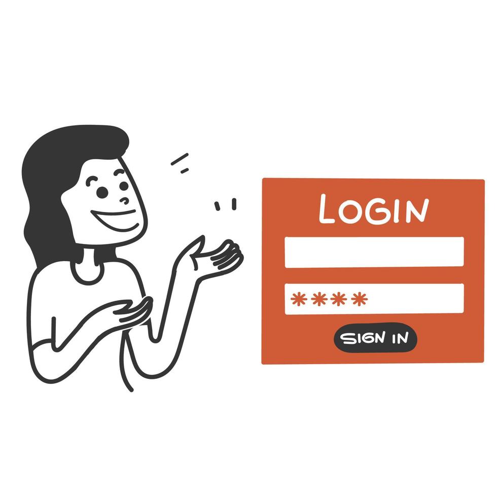 hand drawn doodle girl with login form web page illustration vector