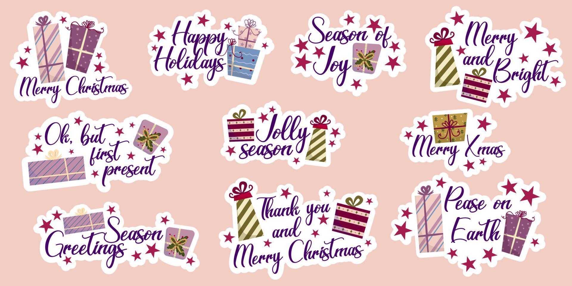 Christmas sticker with text and gift in flat style. Christmas gift and star. Text message. New year holiday greeting card. Vector sticker isolated collection