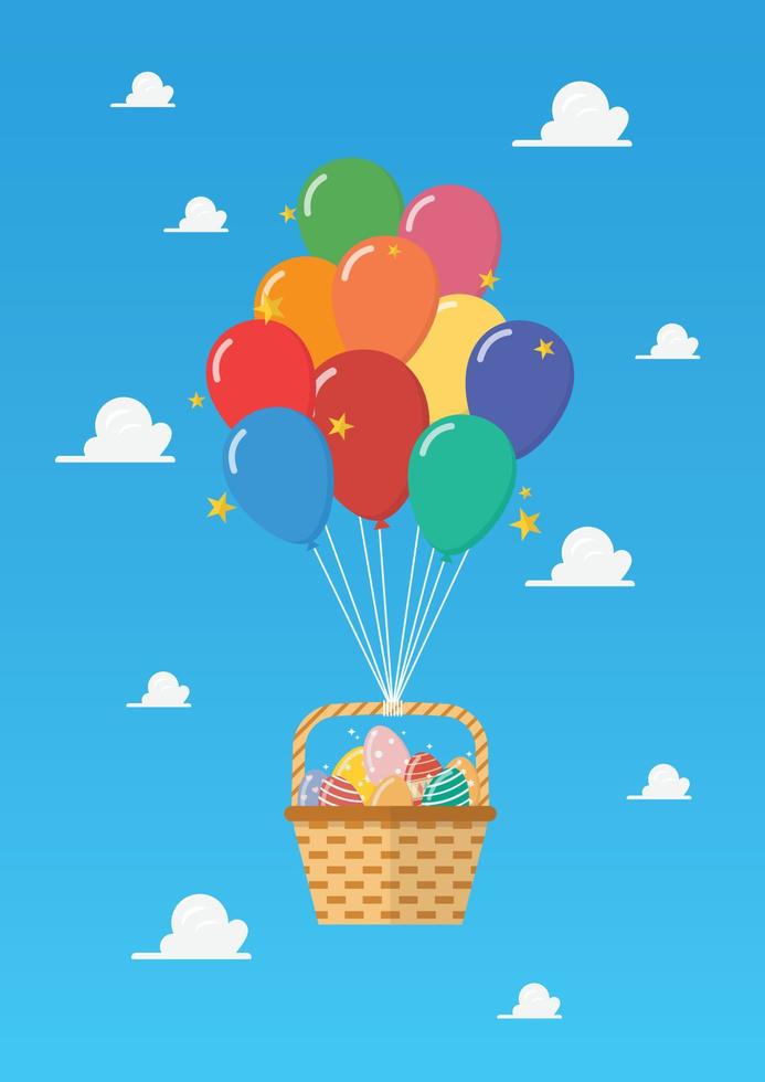 Balloon with basket full of easter eggs on blue sky vector