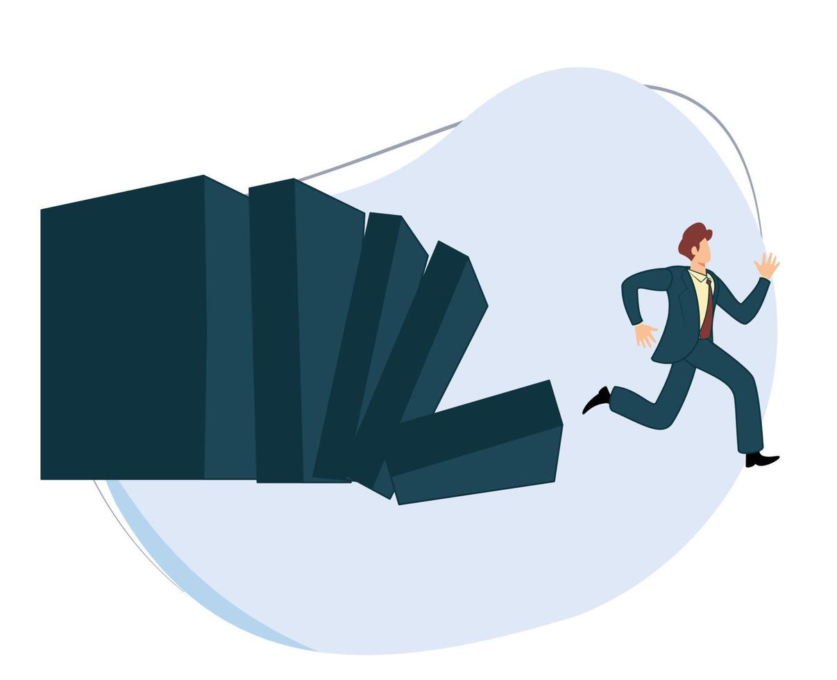 businessman running from falling domino. domino effect. flat design vector illustration