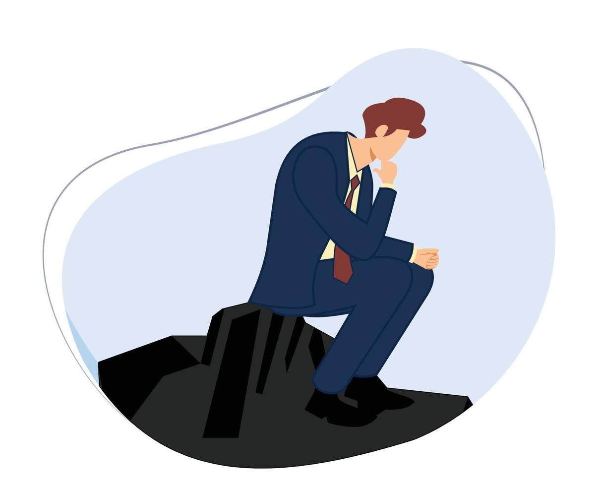 hombre de negocios sentado en una roca y pensando. ilustración de un hombre pensando. ilustración vectorial de diseño plano vector