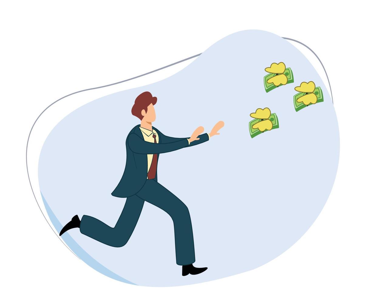 businessman chasing money that has wings. flat design vector illustration