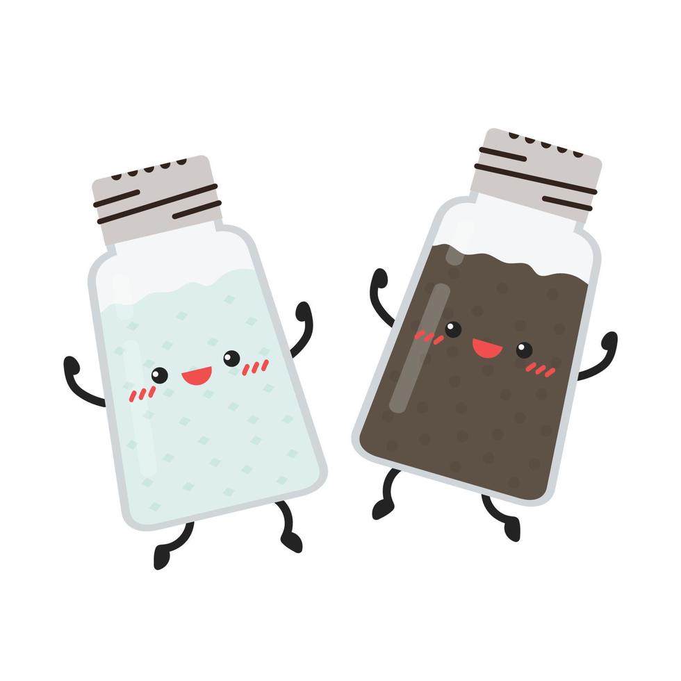 Salt and Pepper shaker vector. Cute cartoon salt and pepper shaker couple with smiling faces. Kawaii characters drawing vector. vector