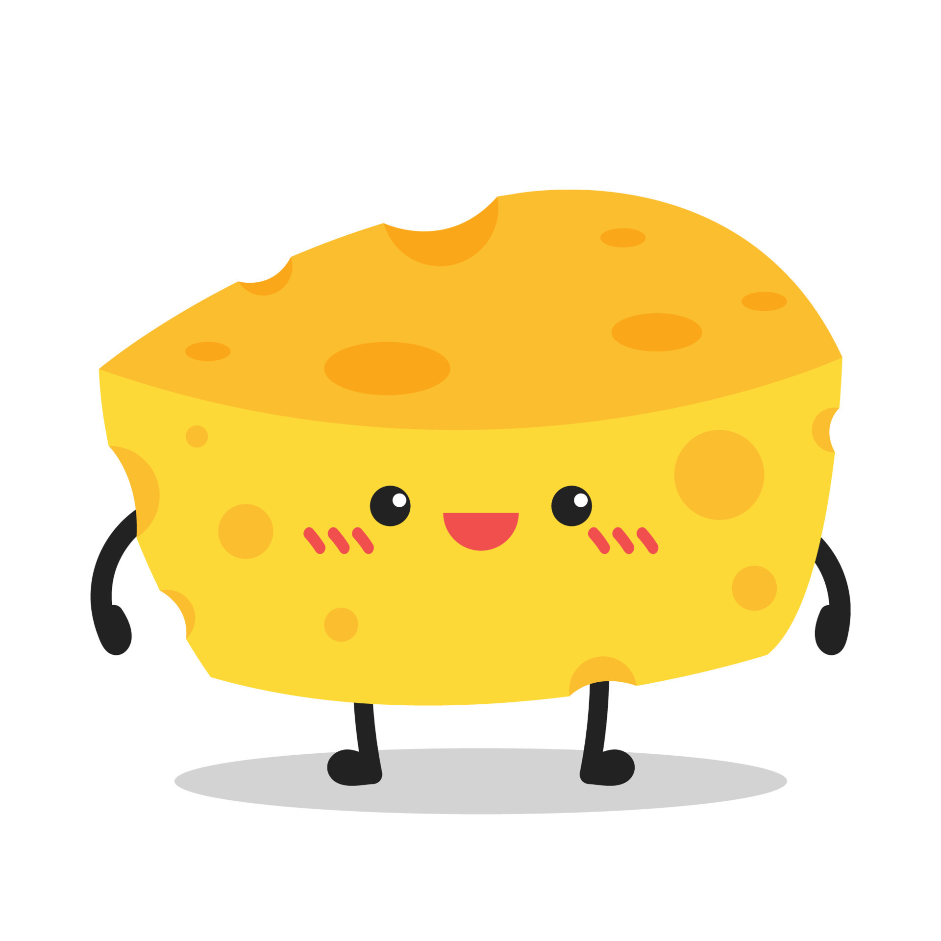 Cute happy cheese character. Funny food emoticon in flat style. Dairy