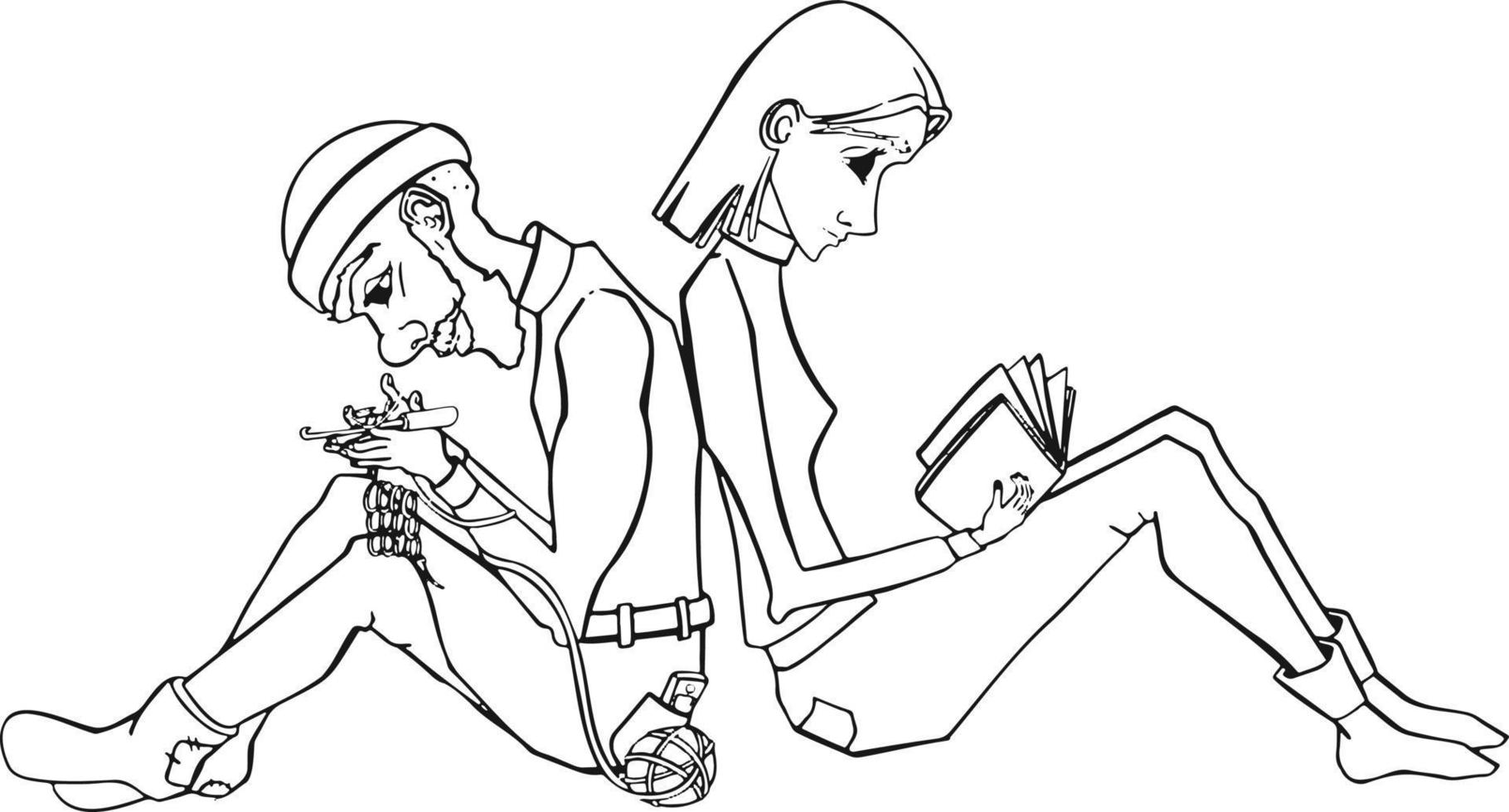 Lady reading and gentleman knitting on the carpet vector