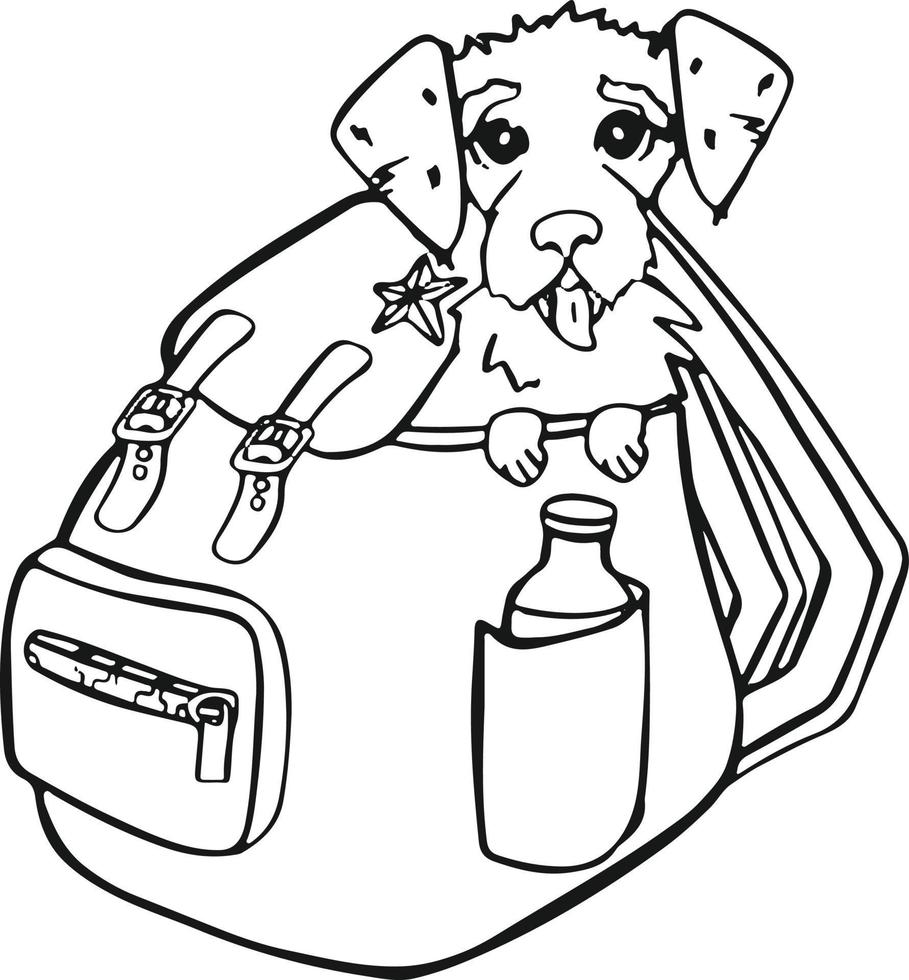 símbolo de línea de una mochila en la que un perro se sienta turista, para viajar vector