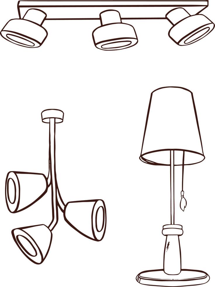 Logo symbol set of lamps, lamps, chandeliers hand drawn illustrations vector