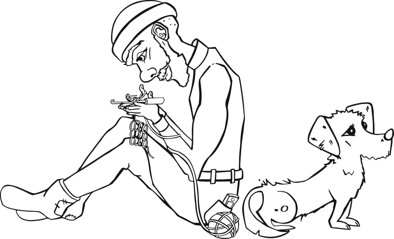 gentleman knitting on the carpet with a dog. Vector illustration