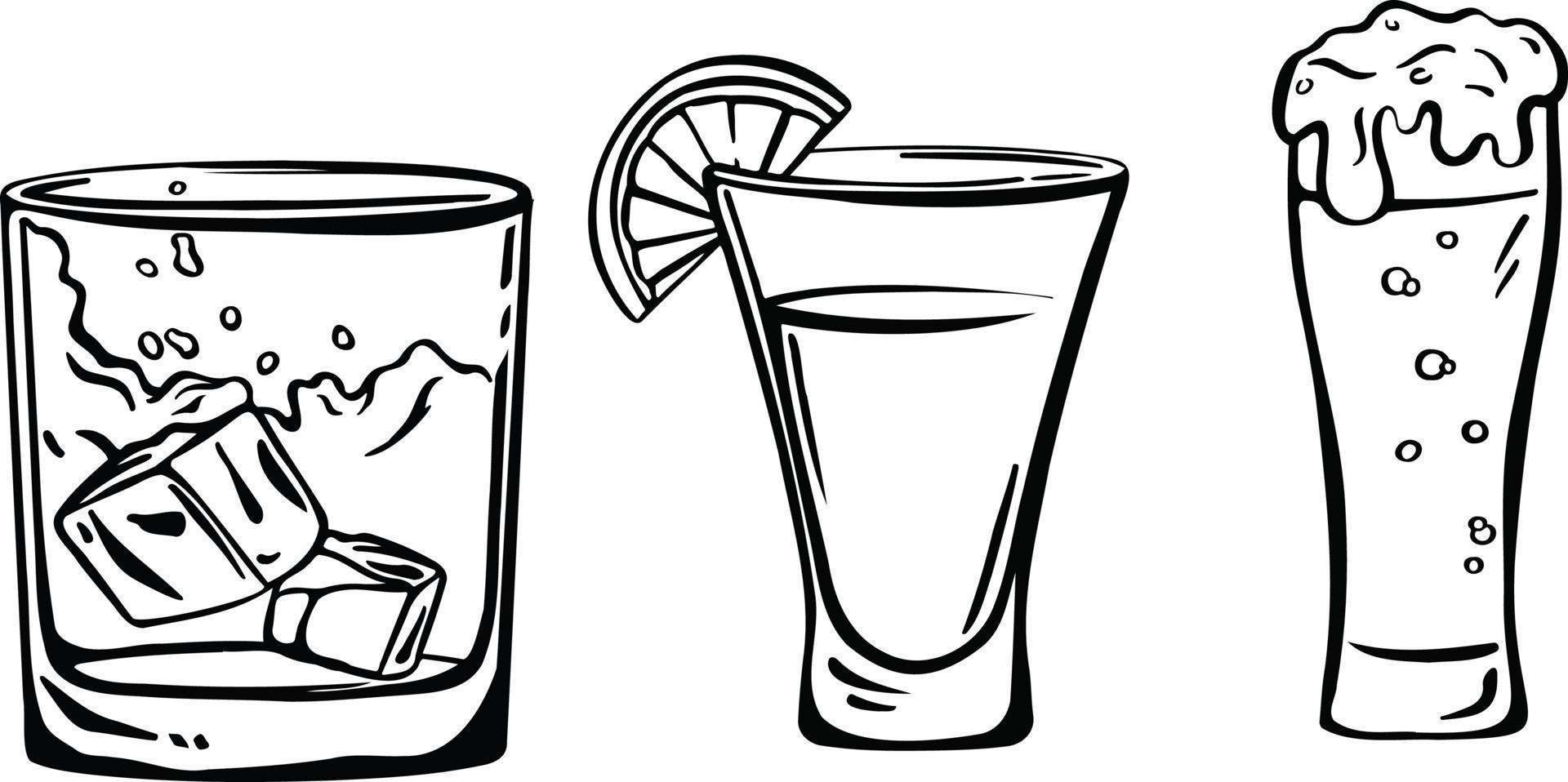 conjunto alcohólico whisky de cerveza de tequila, vector de dibujo a mano alzada