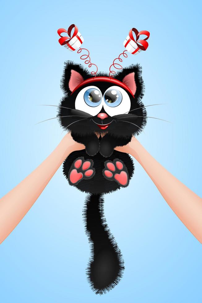 Cute fluffy little black cartoon Kitten in the human hands with little gift boxes. Birthday, Christmas, gift, family, adopt concept. vector