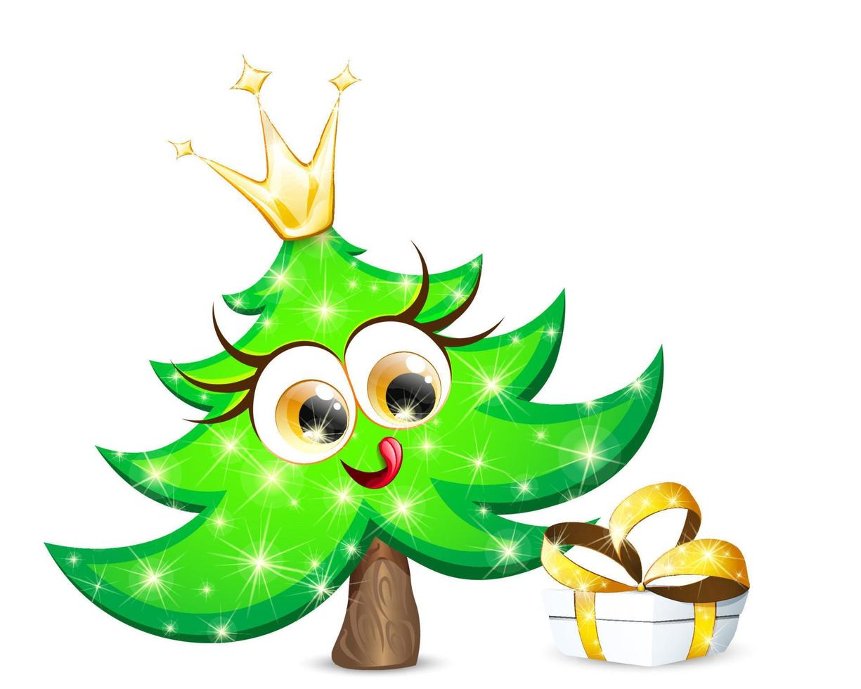 Happy Christmas fir tree princess character with golden crown looking at shiny gift box vector