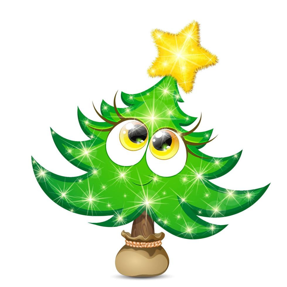 Funny fir tree girl character with yellow shiny star and Christmas lights in a pot bag vector