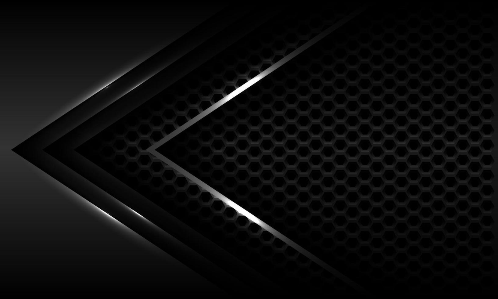 Abstract dark grey metallic arrow shadow direction geometric hexagon mesh design modern futuristic background vector