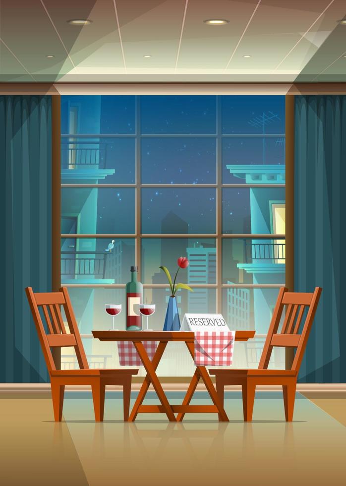 Vector cartoon style illustration of romantic evening background in a beautiful restaurant with couple table and set up with wine glasses and bottle and reserve sign.