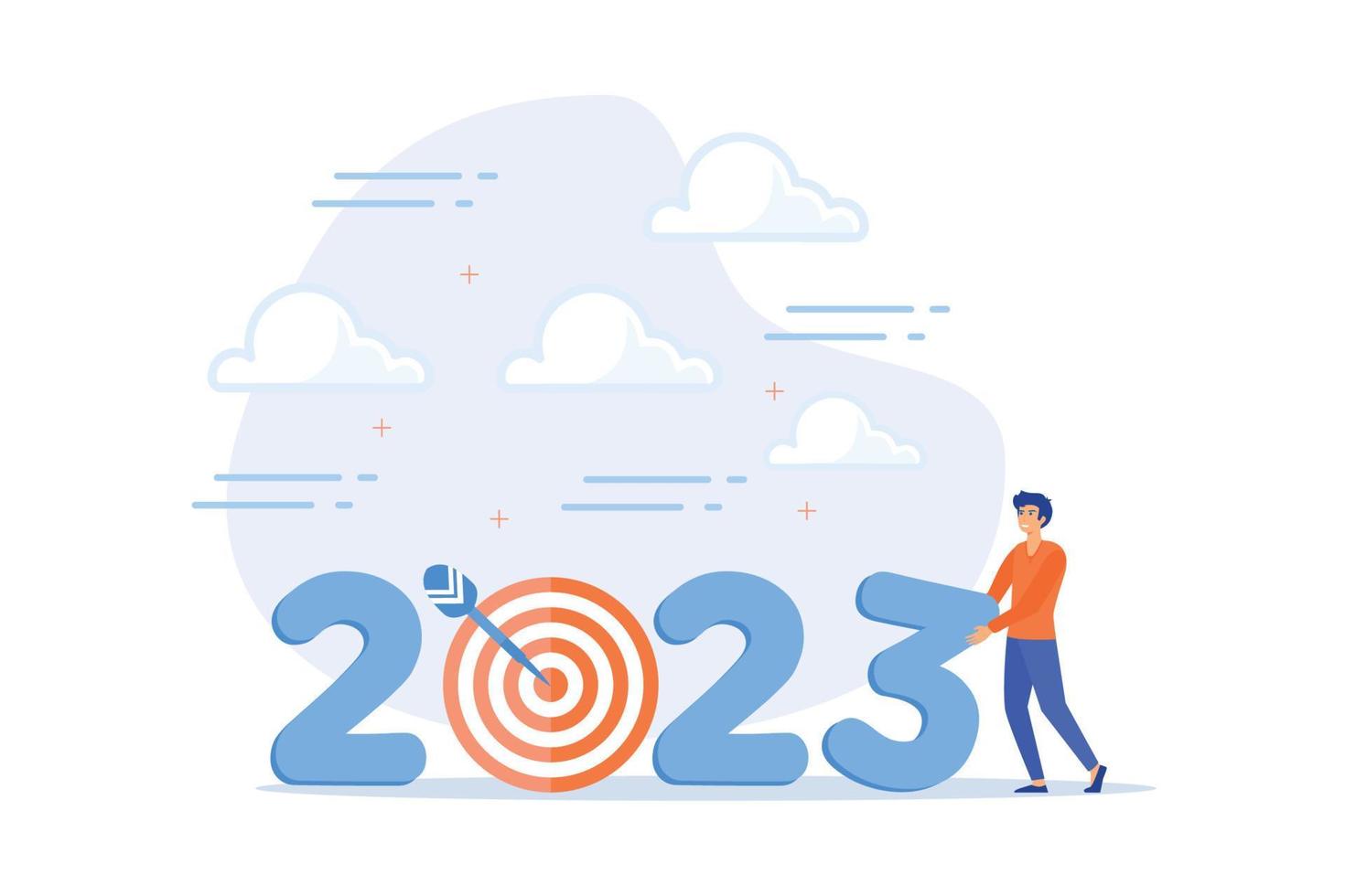 Year 2023 business target, new year resolution or challenge to achieve goal, aim for business success, growth or motivation to succeed concept, flat vector modern illustration