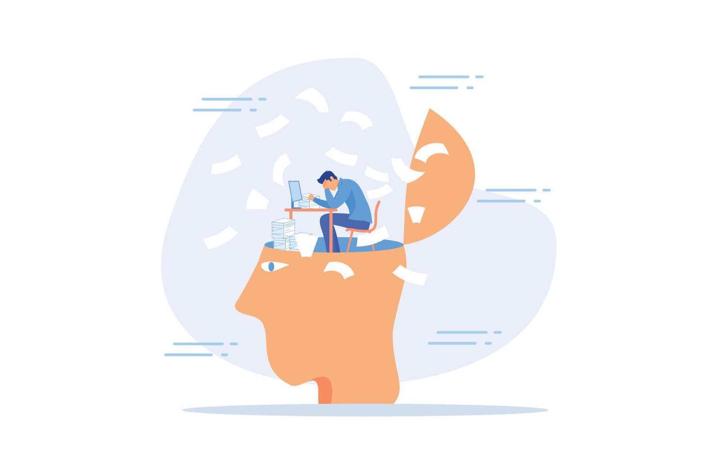 Work anxiety, stress or burnout, exhausted job or overload tired, job fatigue from overworked, depression and mental health concept, flat vector modern illustration