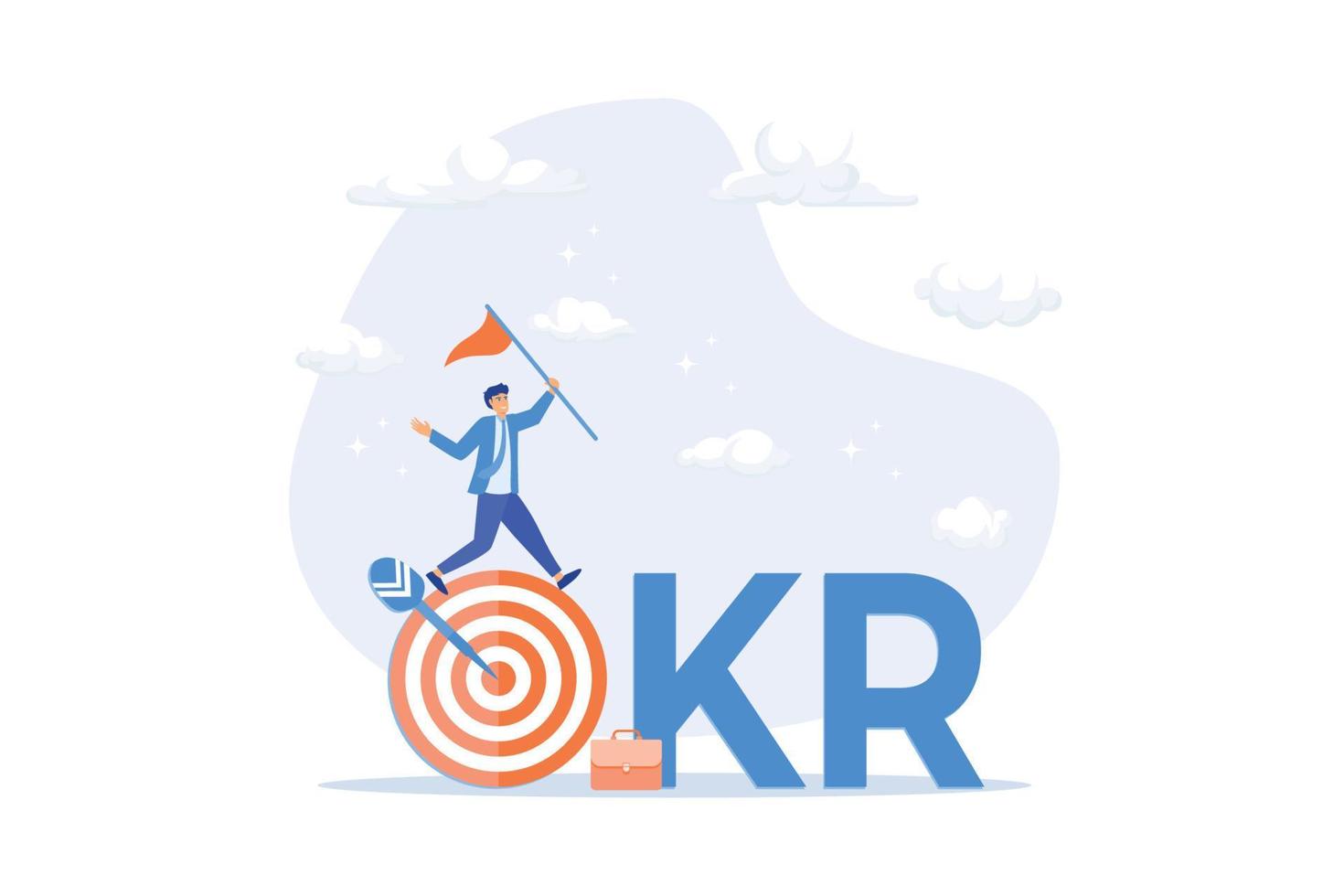OKR, objective and key result framework to measure success and improvement, goal setting or define measurable target for business concept, flat vector modern illustration
