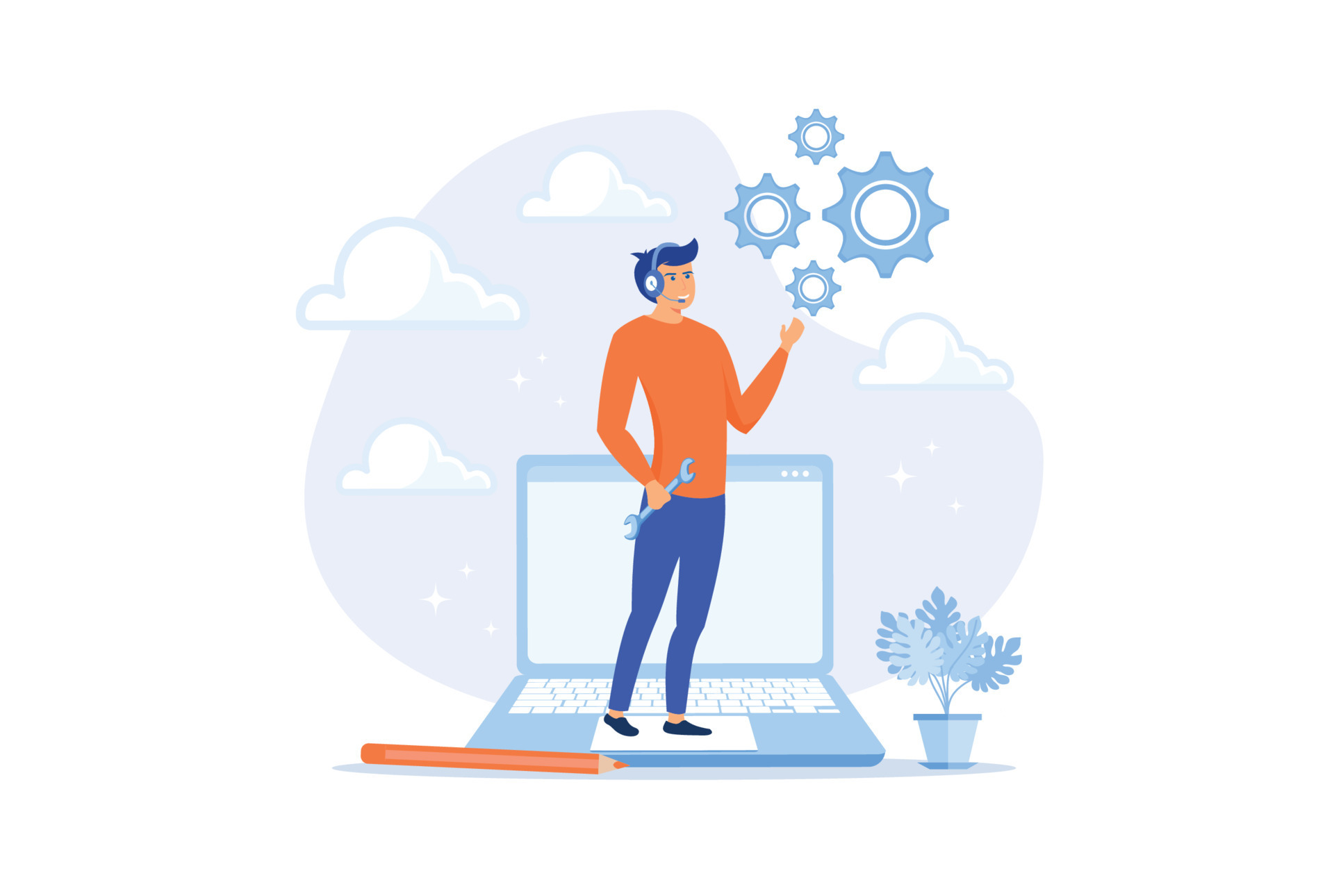 Support staff help fixing technical problem, help desk or operator with