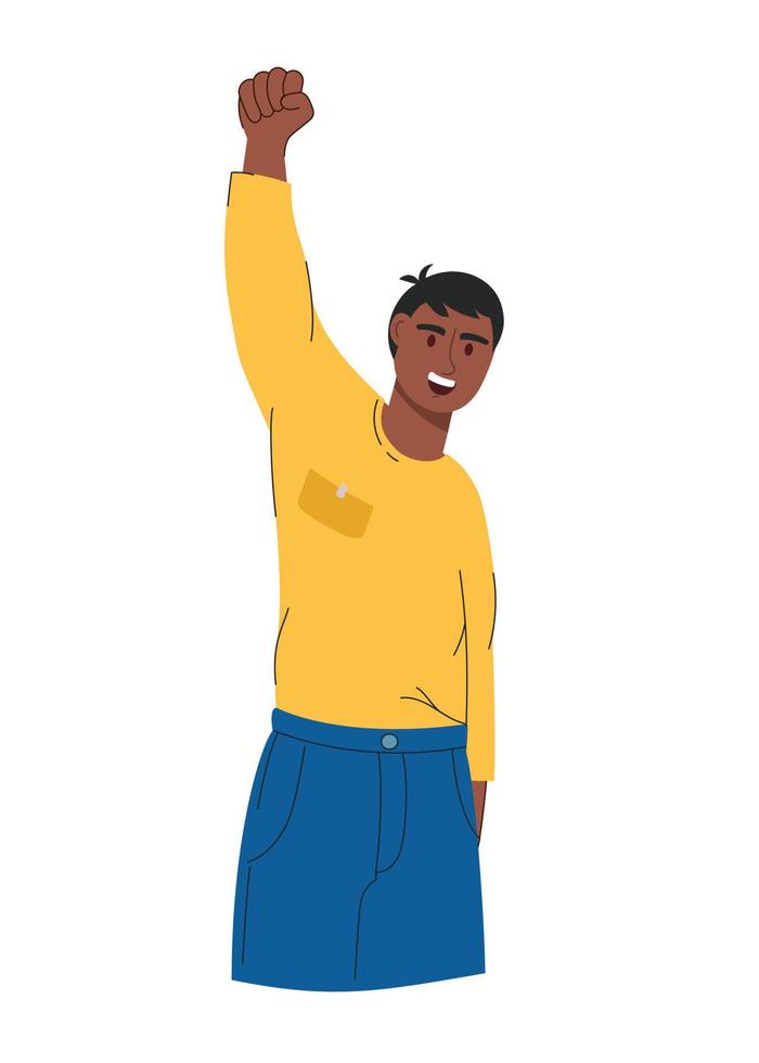 A handsome man with dark skin rejoices and raises his hands. Vector illustration flat style