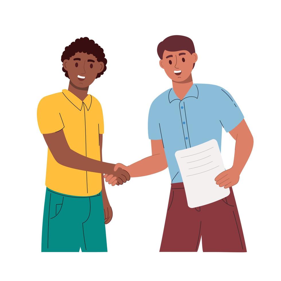 Men shake hands and sign a contract. Conclusion of the contract, signing of the tender. Vector illustration flat style