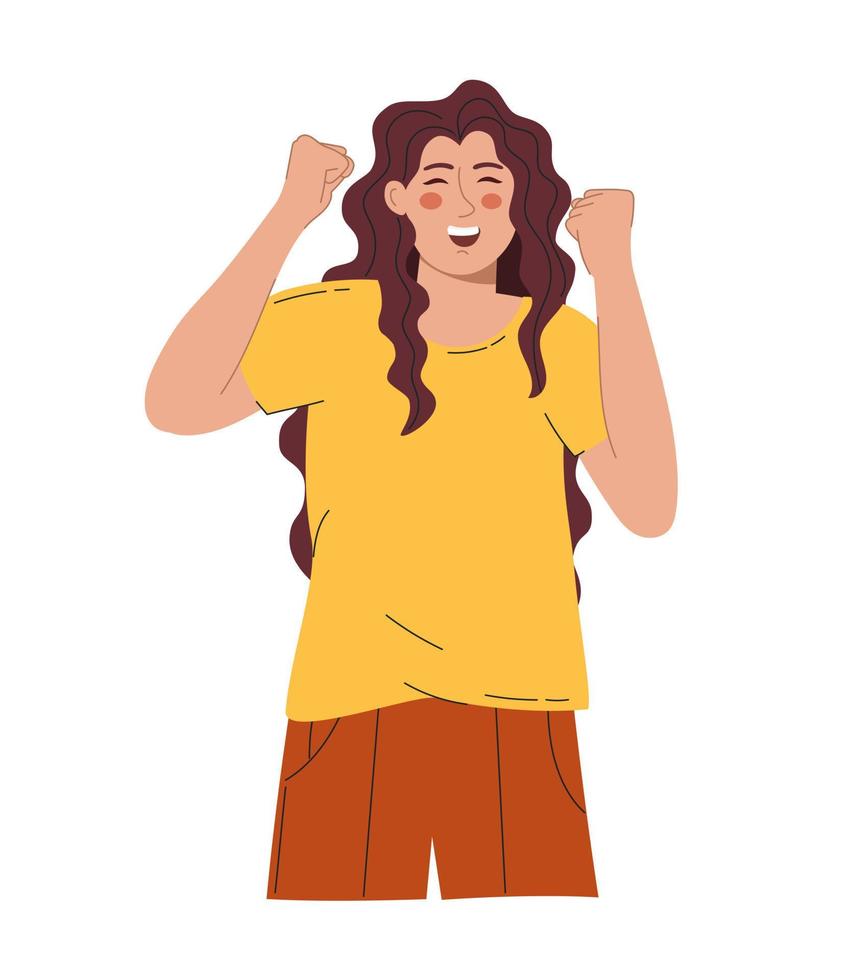 A beautiful woman rejoices and raises her hands up. Vector illustration flat style