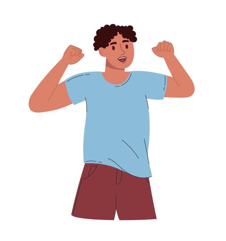 An attractive man rejoices hands up. Vector illustration flat style