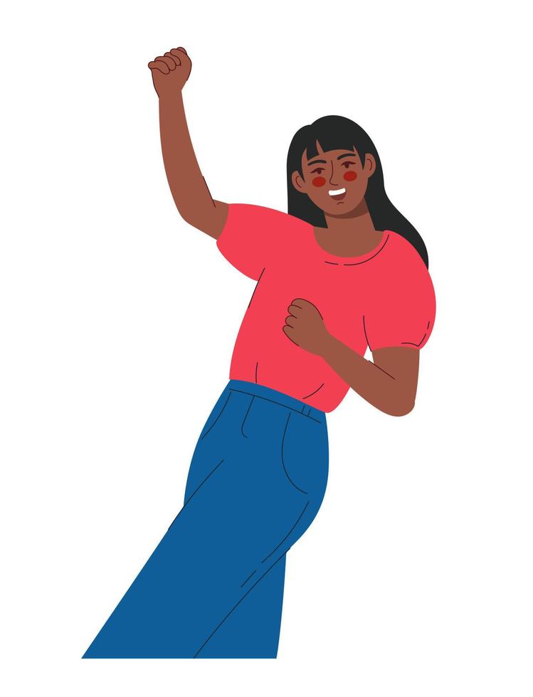 una hermosa mujer de piel oscura se regocija y levanta las manos. ilustración vectorial estilo plano vector