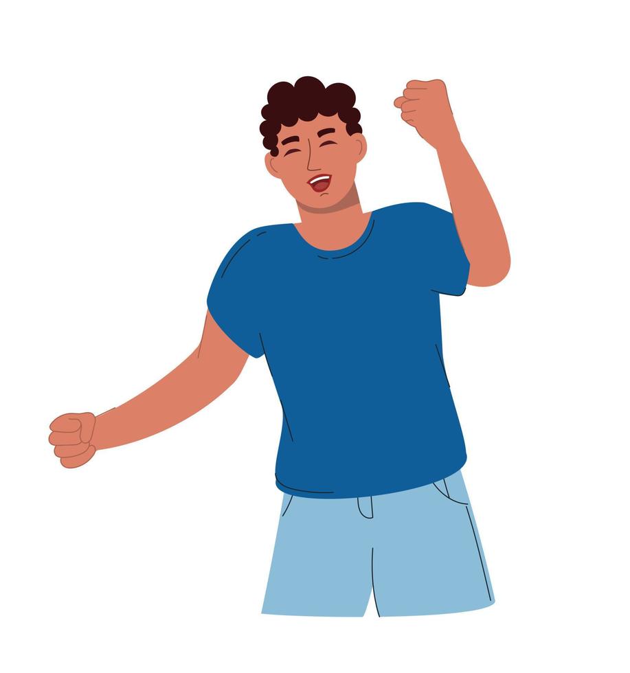 An attractive man rejoices hands up. Vector illustration flat style
