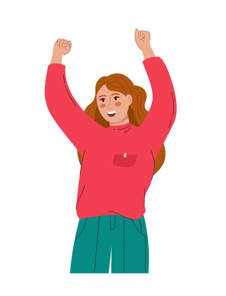 A beautiful woman rejoices and raises her hands up. Vector illustration flat style