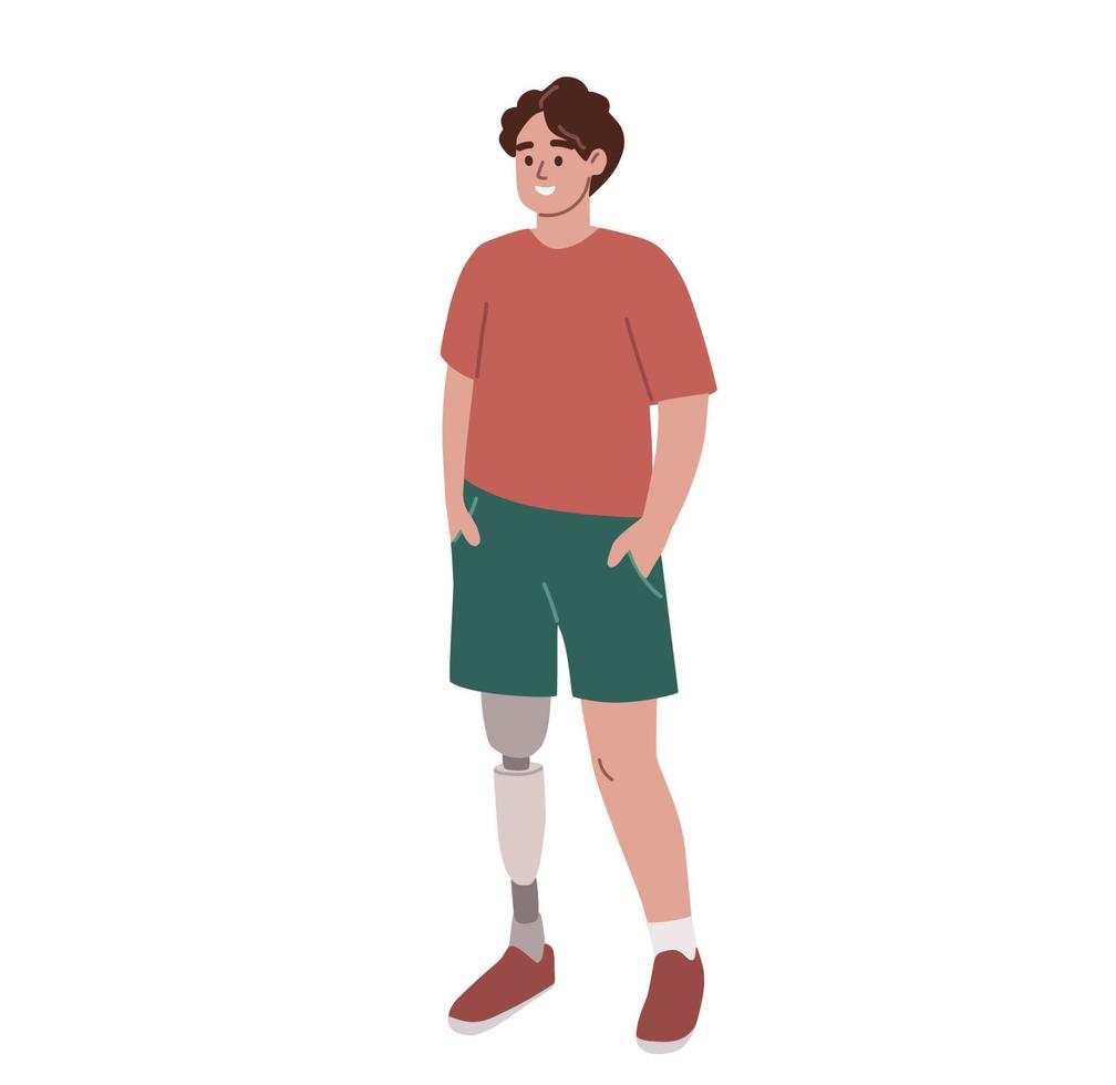 Man with leg prosthesis standing. Disabled person without leg. Limb amputation, Flat vector illustration.