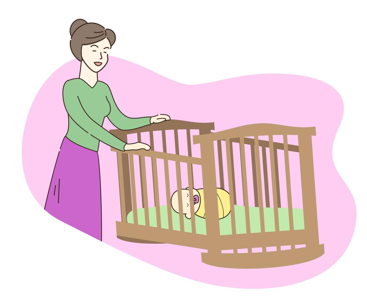 Mother rocking crib with newborn baby. Child in the cradle. Motherhood. Parenting. Family. Flat vector illustration.