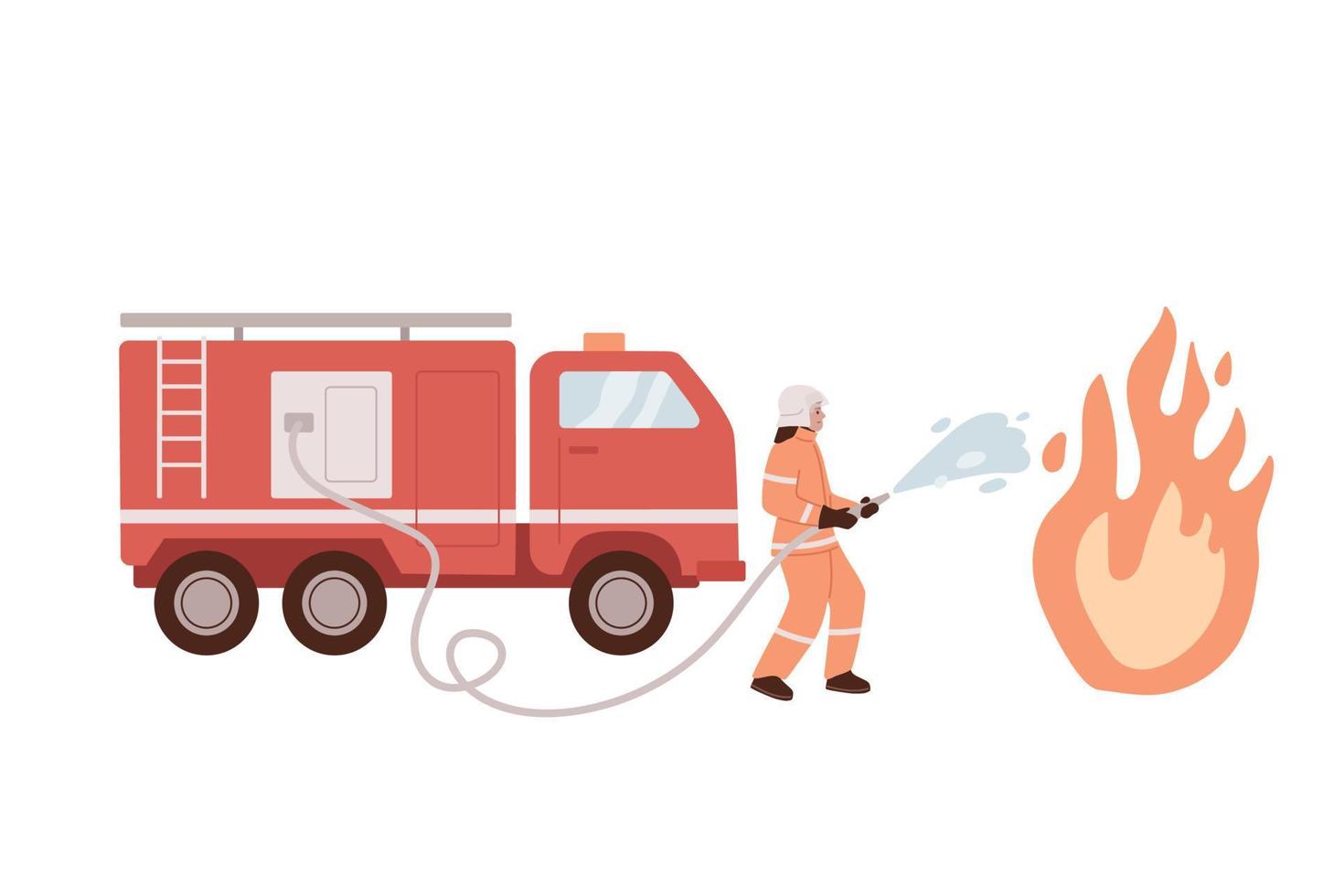 bomberos apagando el fuego con agua de la manguera. salvando vidas. bomberos uniformados extinguiendo la llama del fuego. carro de bomberos. aislado. ilustración vectorial plana. vector