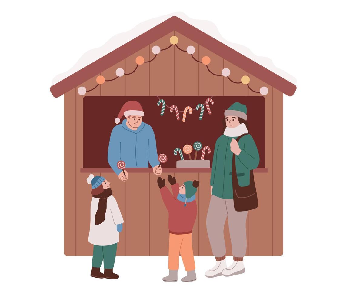 Christmas market stall. Christmas fair kiosk with lollipops and sweets. Woman buying lollipops for children. Winter marketplace. Wooden booth gift shop with goods and souvenirs. vector