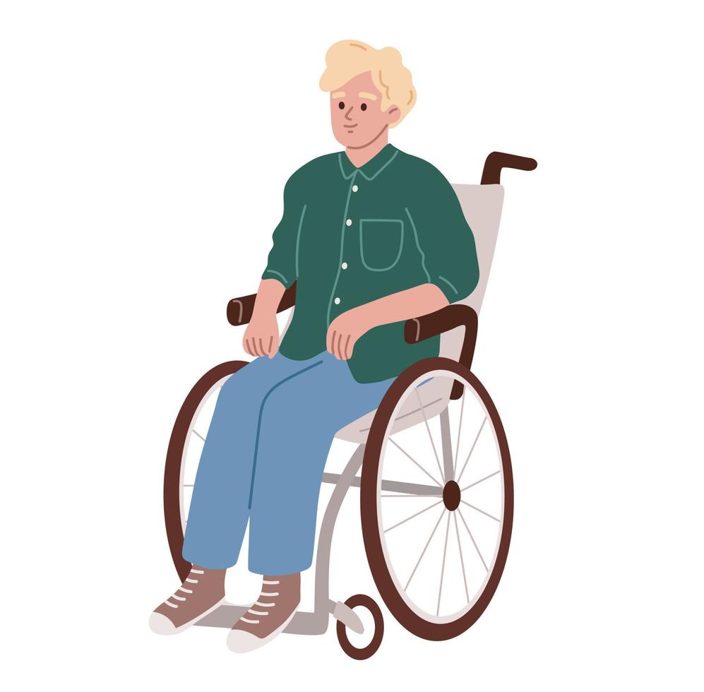 Man sitting in the wheelchair. Handicapped, disabled person. Flat vector illustration.