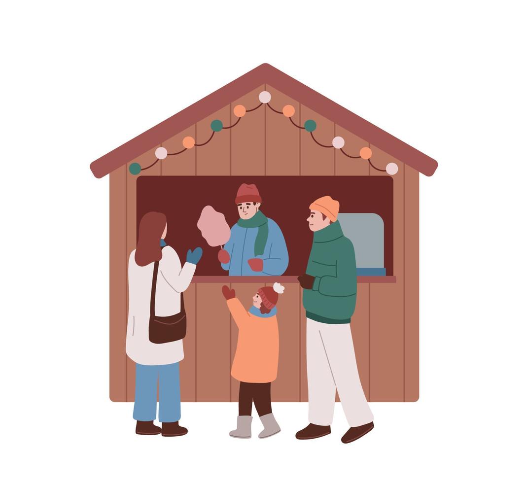 puesto del mercado de navidad. quiosco de feria navideña con algodón de azúcar. familia comprando hilo de algodón para un niño. mercado de invierno. Tienda de esencias de cabina de madera con artículos y recuerdos. vector