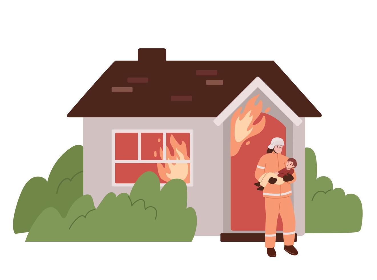 Firefighters saving boy from the fire. Saving lives.  Firemen wearing uniform extinguishing the fire flame. Isolated. Flat vector illustration.