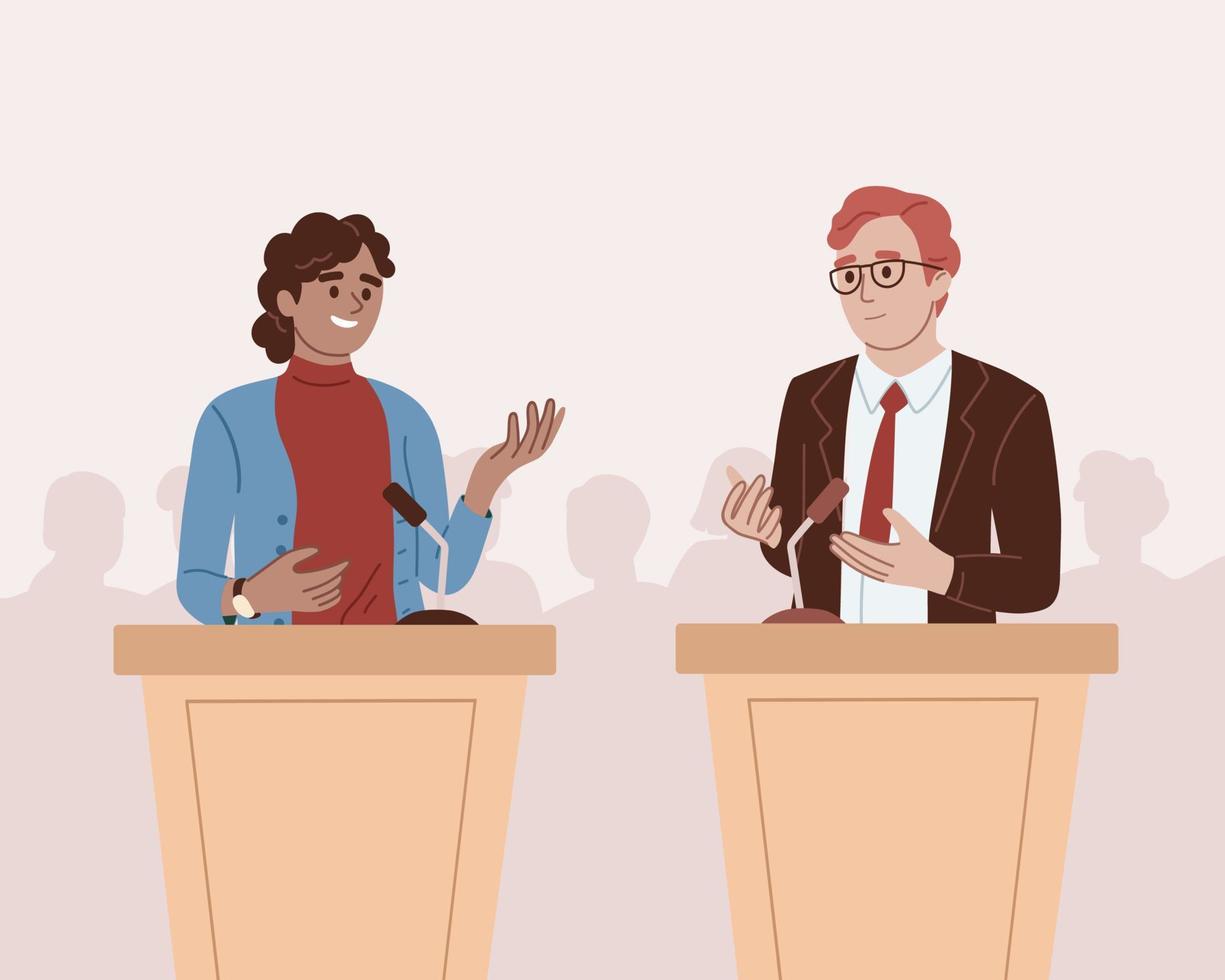 Politicians on the stage, podium. Leaders debating on the rostrum before the crowd. Presidential campaign, electorate. Candidates speaking with the voters. Flat vector illustration.