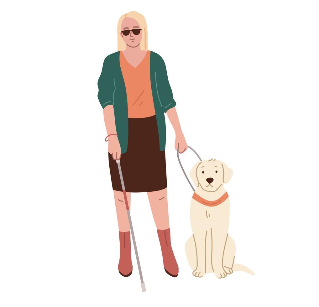 mujer ciega con gafas negras, caminando con un bastón y un perro guía. incapacitar a la persona. ilustración vectorial plana. vector